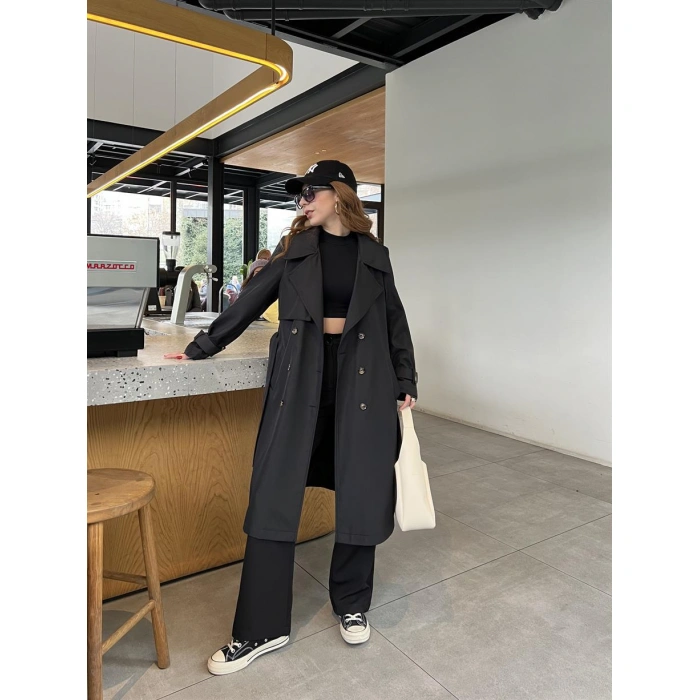 Stradi Model Siyah Astarlı Uzun Trençkot