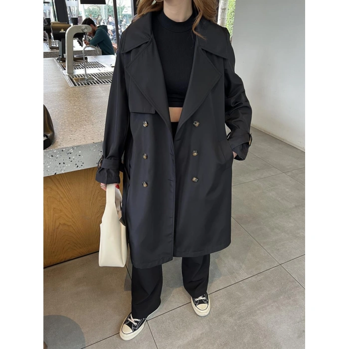 Stradi Model Siyah Astarlı Uzun Trençkot