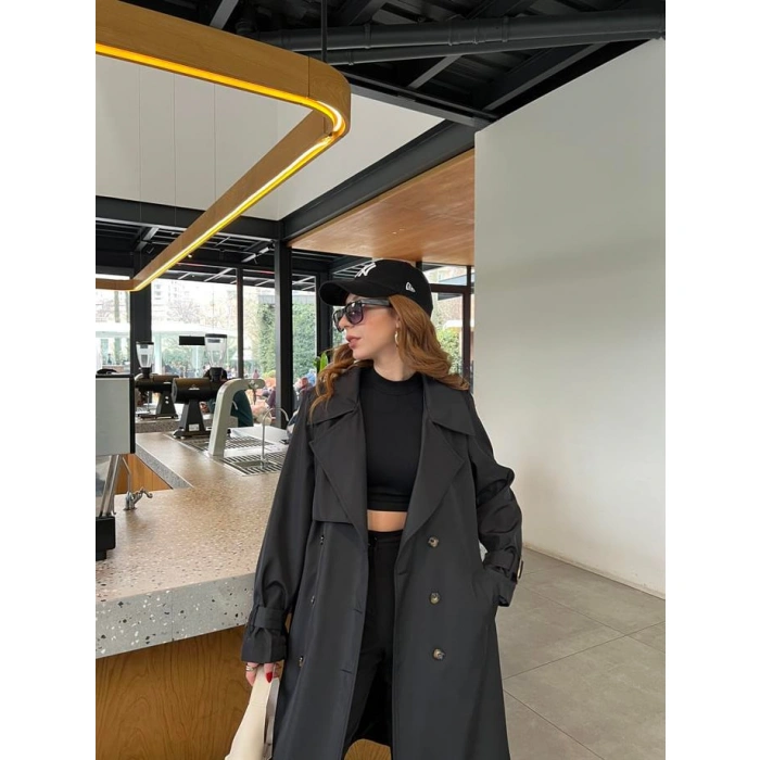 Stradi Model Siyah Astarlı Uzun Trençkot