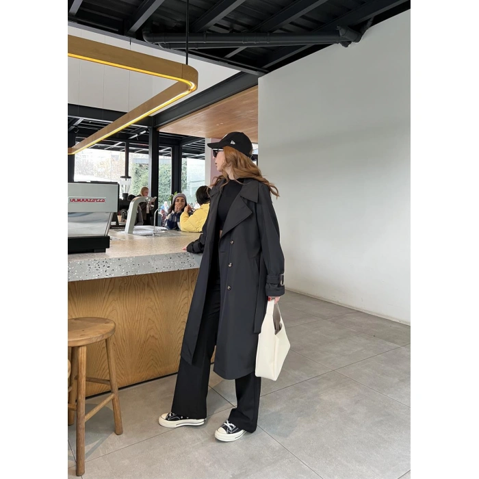 Stradi Model Siyah Astarlı Uzun Trençkot