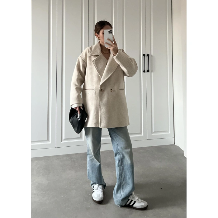 Taş Balıksırtı Desenli Kaşe Kaban