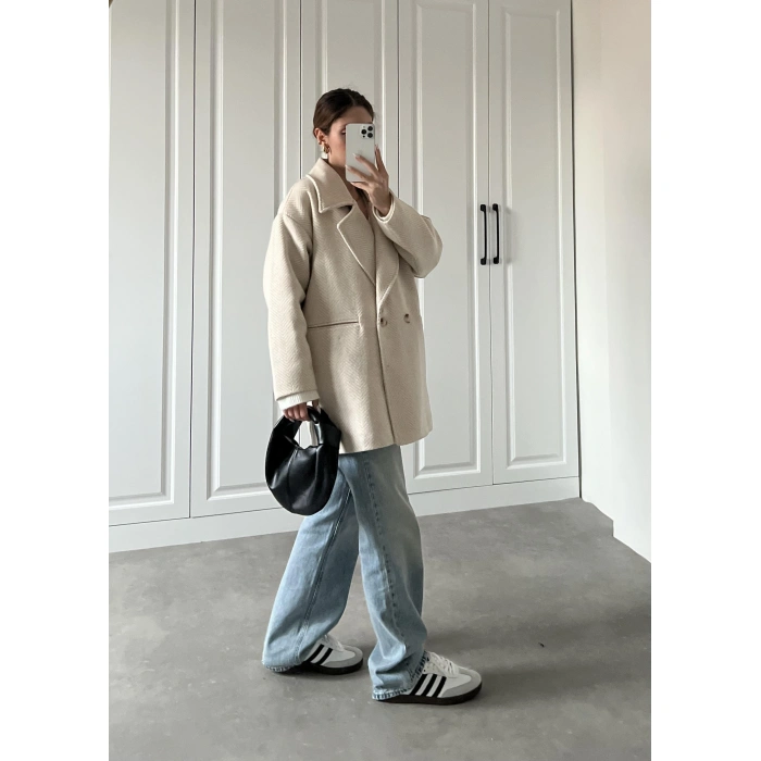 Taş Balıksırtı Desenli Kaşe Kaban