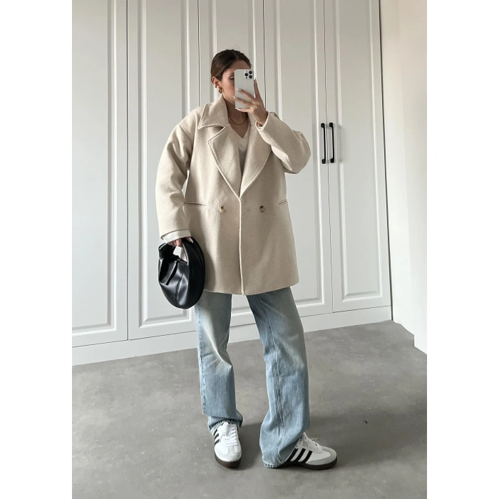 Taş Balıksırtı Desenli Kaşe Kaban