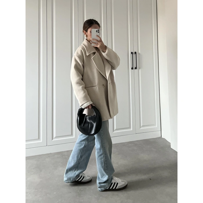 Taş Balıksırtı Desenli Kaşe Kaban