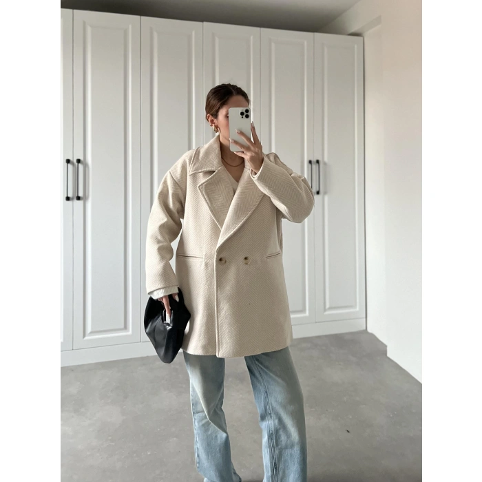 Taş Balıksırtı Desenli Kaşe Kaban