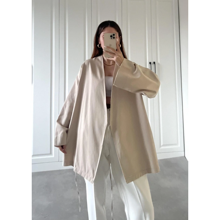 Taş Yandan Bağlamalı Gabardin Kimono Ceket