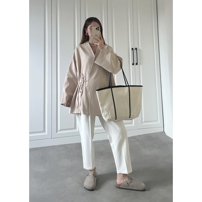 Taş Yandan Bağlamalı Gabardin Kimono Ceket