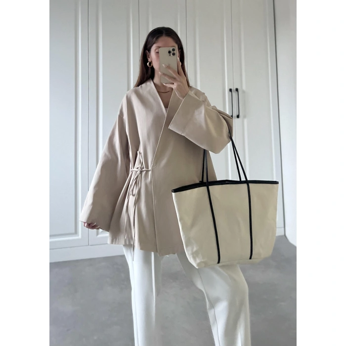 Taş Yandan Bağlamalı Gabardin Kimono Ceket