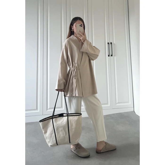 Taş Yandan Bağlamalı Gabardin Kimono Ceket
