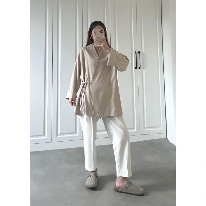 Taş Yandan Bağlamalı Gabardin Kimono Ceket