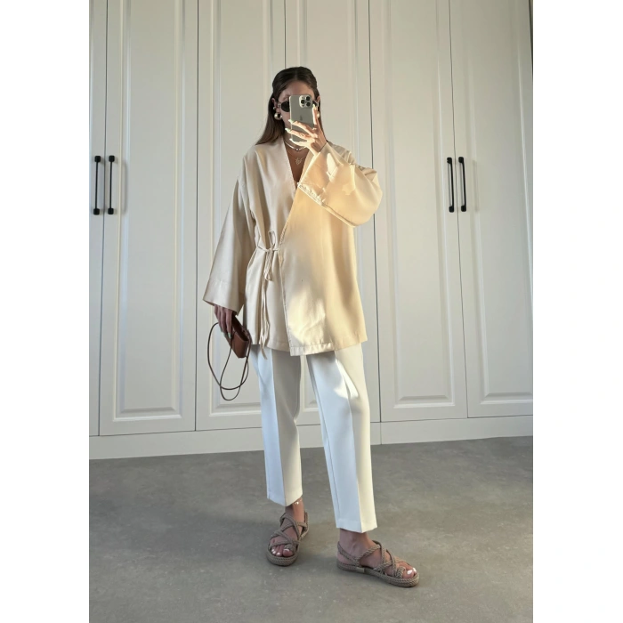 Taş Yandan Bağlamalı Tensel Kimono Ceket