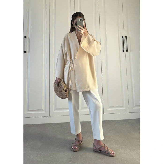 Taş Yandan Bağlamalı Tensel Kimono Ceket