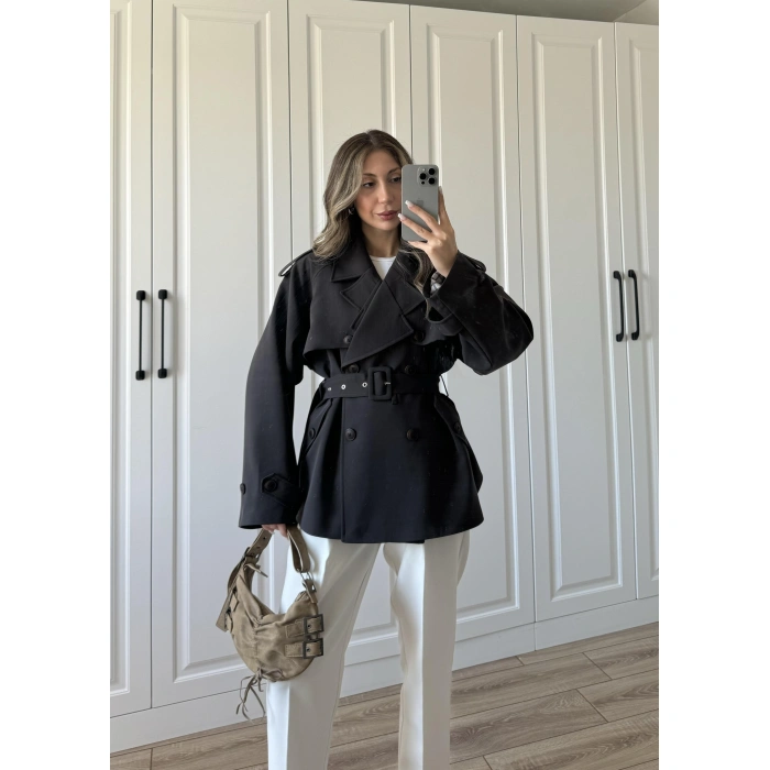 Tasarım Ara Yakalı Kuşaklı Acı Kahve Trenç