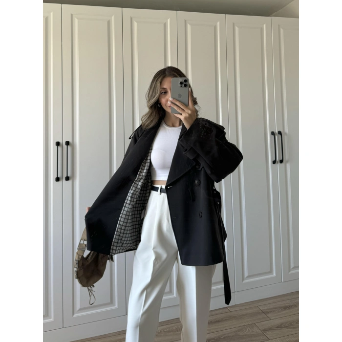 Tasarım Ara Yakalı Kuşaklı Acı Kahve Trenç