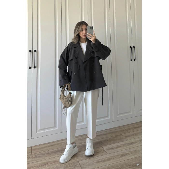 Tasarım Ara Yakalı Kuşaklı Acı Kahve Trenç