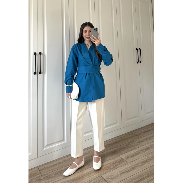 Tasarım Kuşaklı Petrol Mavi Kimono Gömlek