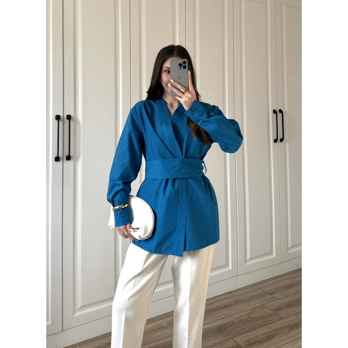 Tasarım Kuşaklı Petrol Mavi Kimono Gömlek