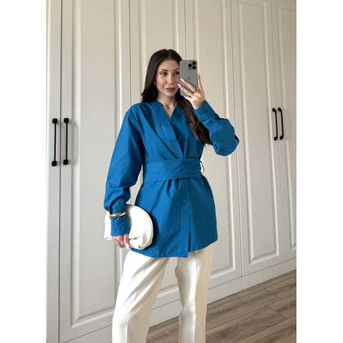 Tasarım Kuşaklı Petrol Mavi Kimono Gömlek