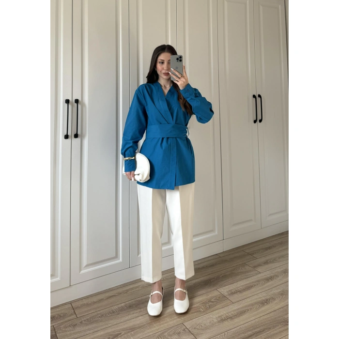 Tasarım Kuşaklı Petrol Mavi Kimono Gömlek