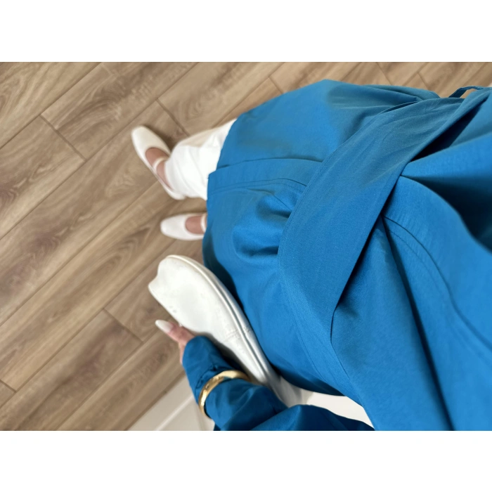 Tasarım Kuşaklı Petrol Mavi Kimono Gömlek