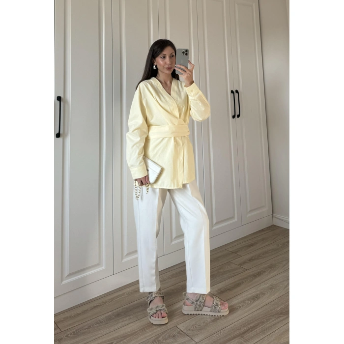 Tasarım Kuşaklı Sarı Kimono Gömlek