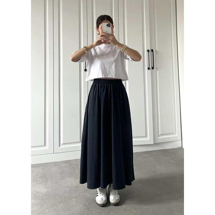 Tensel Beli Lastikli Lacivert Kilos Etek