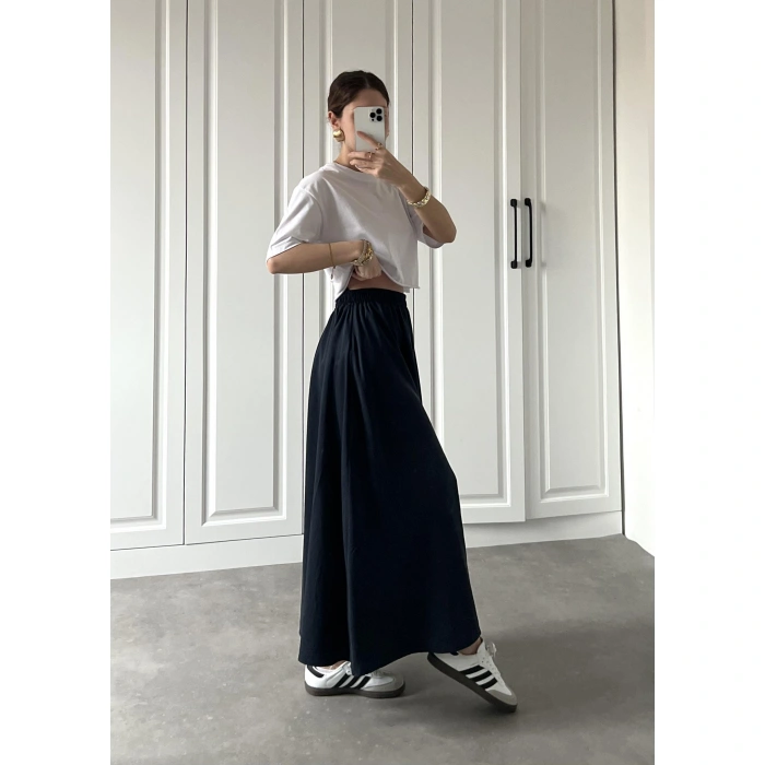 Tensel Beli Lastikli Lacivert Kilos Etek