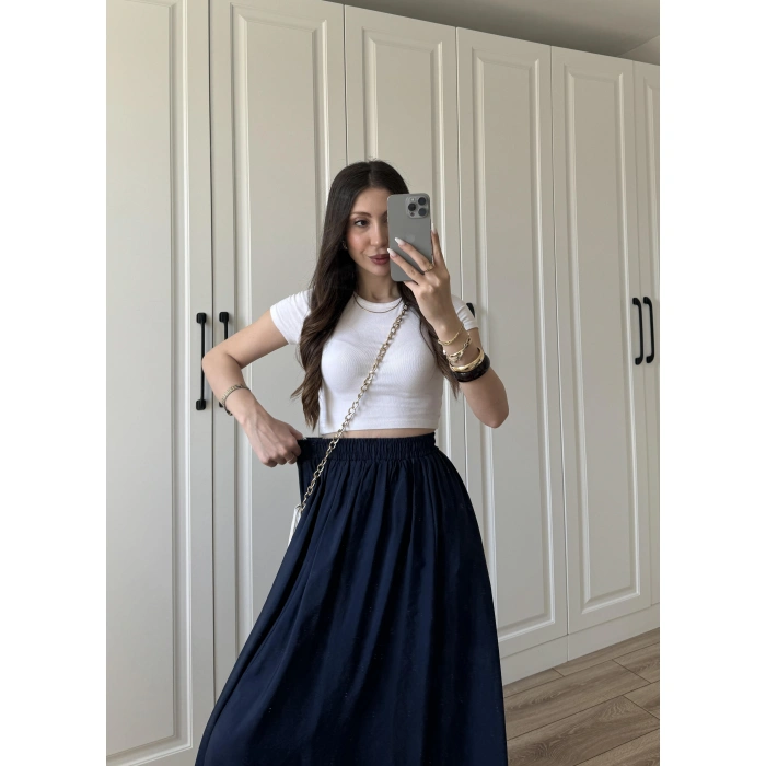 Tensel Beli Lastikli Lacivert Kilos Etek