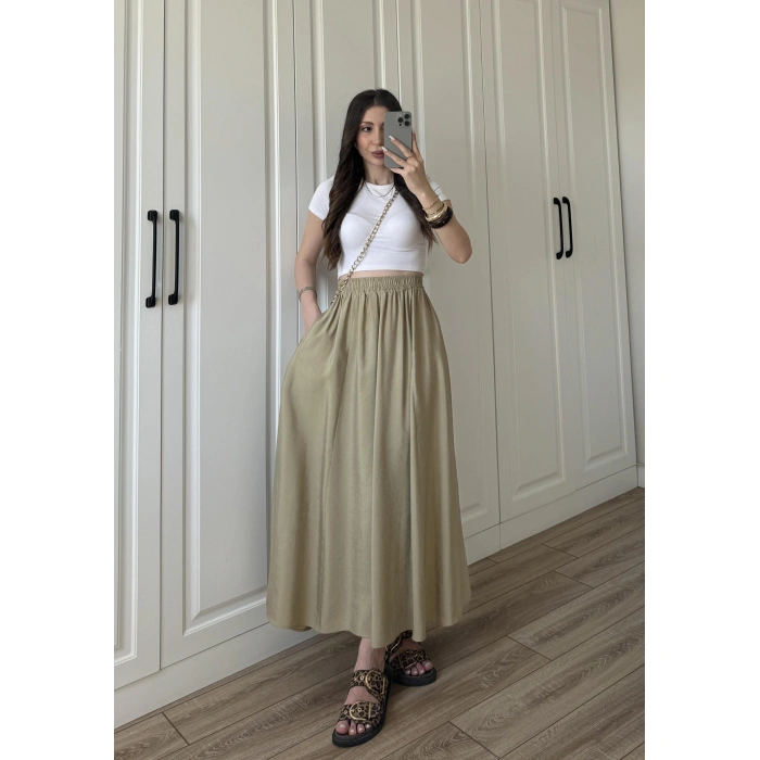 Tensel Beli Lastikli Nude Renk Kilos Etek