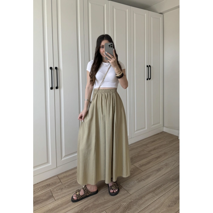 Tensel Beli Lastikli Nude Renk Kilos Etek