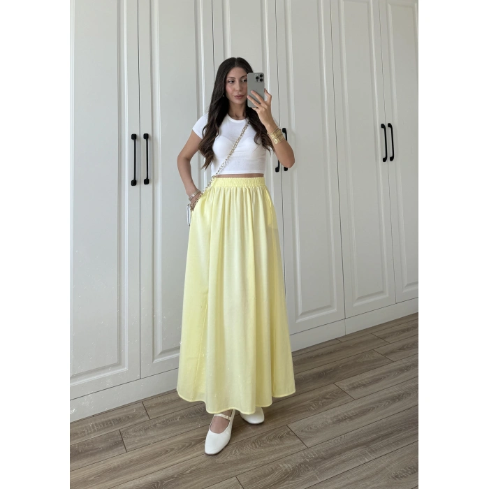 Tensel Beli Lastikli Sarı Kilos Etek