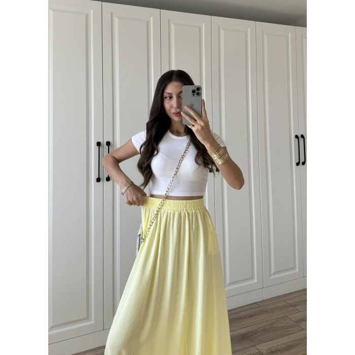 Tensel Beli Lastikli Sarı Kilos Etek