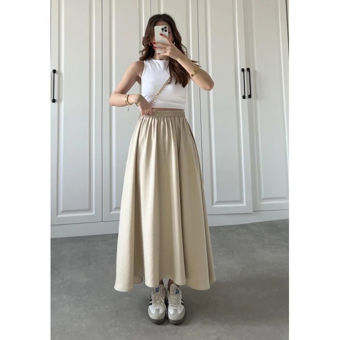 Tensel Beli Lastikli Taş Renk Kilos Etek