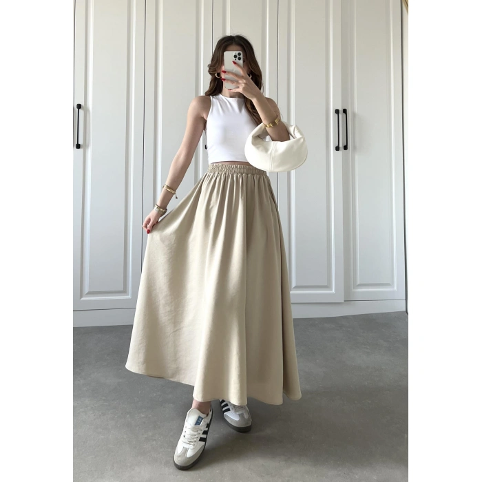 Tensel Beli Lastikli Taş Renk Kilos Etek