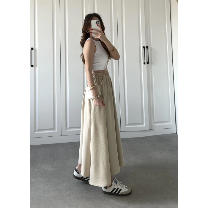 Tensel Beli Lastikli Taş Renk Kilos Etek