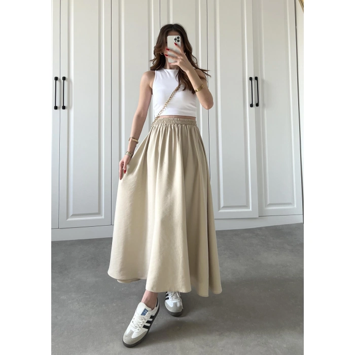 Tensel Beli Lastikli Taş Renk Kilos Etek