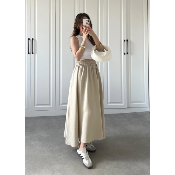 Tensel Beli Lastikli Taş Renk Kilos Etek