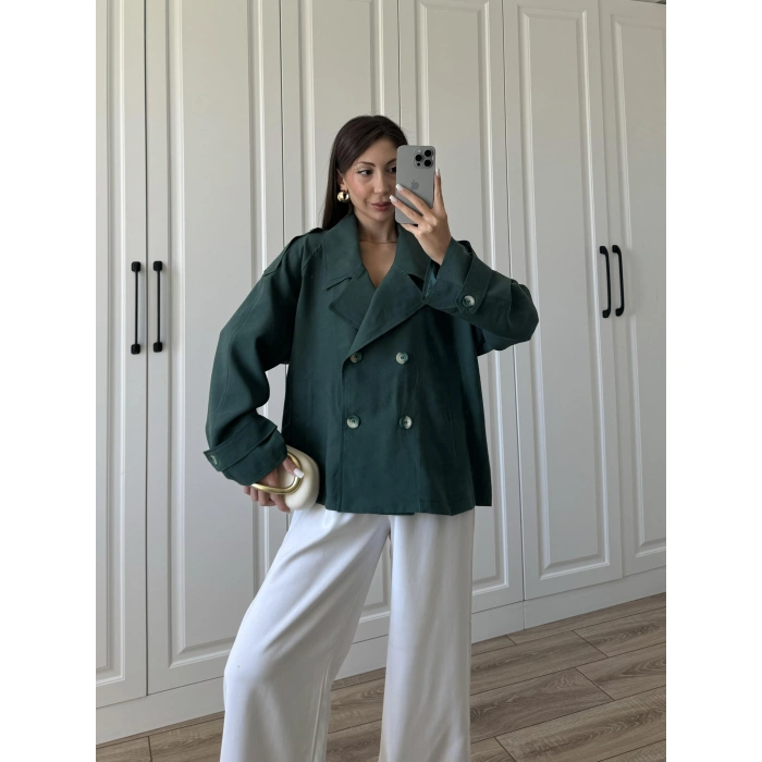 Tensel Oversize Zümrüt Yeşili Kısa Trençkot