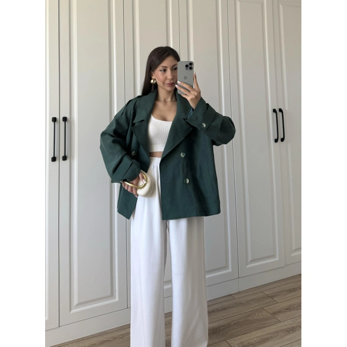 Tensel Oversize Zümrüt Yeşili Kısa Trençkot