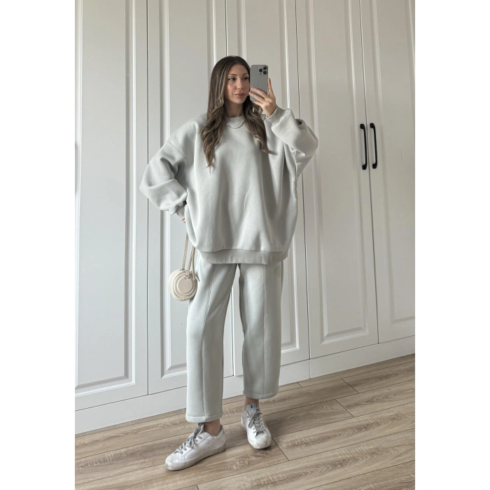Üç İplik Şardonlu Oversize Gri Takım