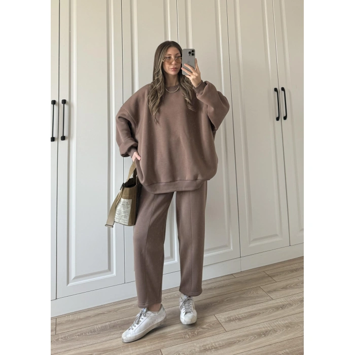 Üç İplik Şardonlu Oversize Kahve Takım