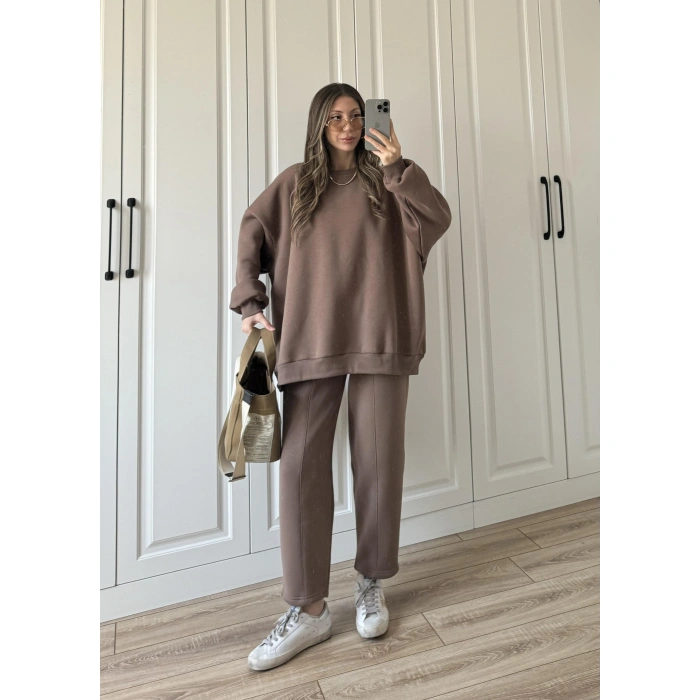 Üç İplik Şardonlu Oversize Kahve Takım
