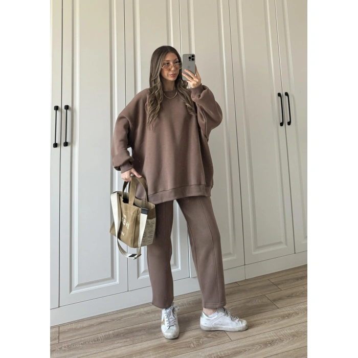 Üç İplik Şardonlu Oversize Kahve Takım