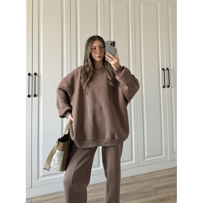 Üç İplik Şardonlu Oversize Kahve Takım