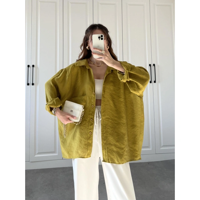 Yağ Yeşili Oversize Tensel Gömlek