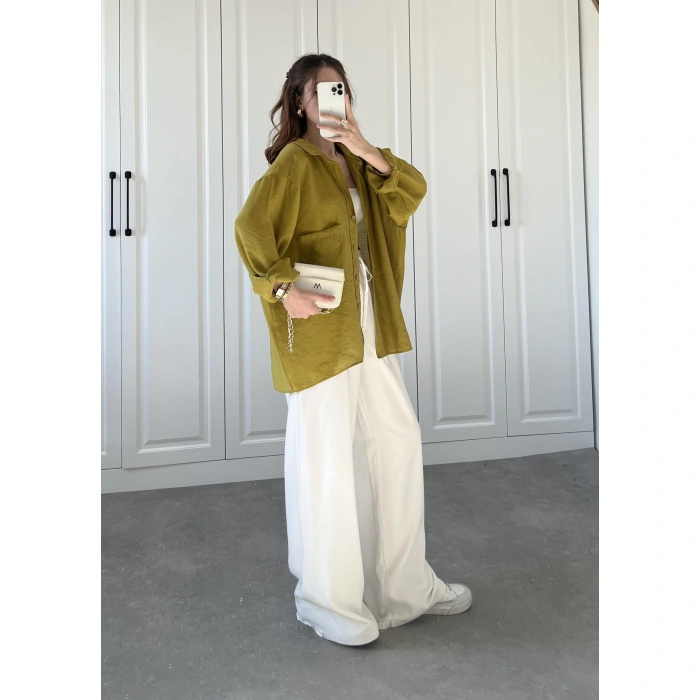 Yağ Yeşili Oversize Tensel Gömlek