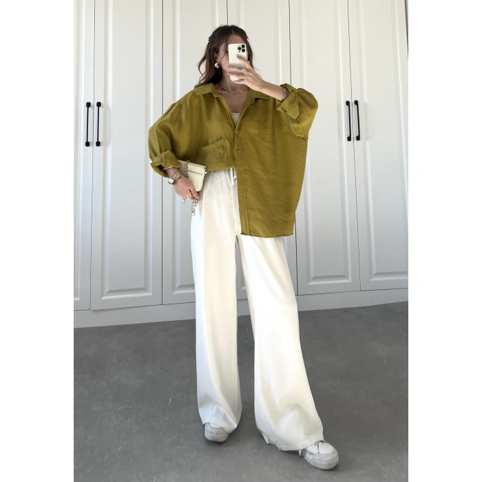 Yağ Yeşili Oversize Tensel Gömlek