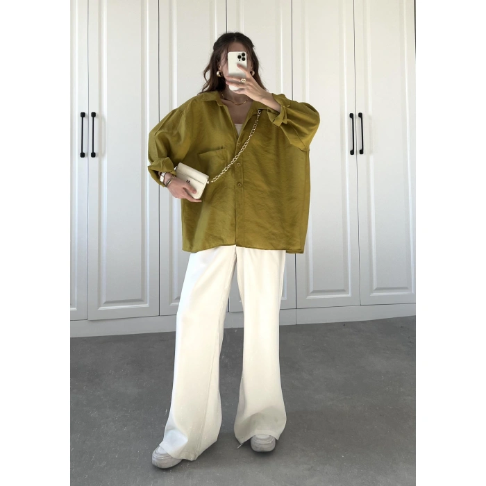 Yağ Yeşili Oversize Tensel Gömlek