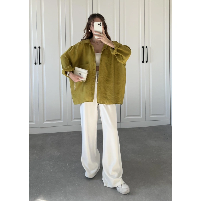 Yağ Yeşili Oversize Tensel Gömlek