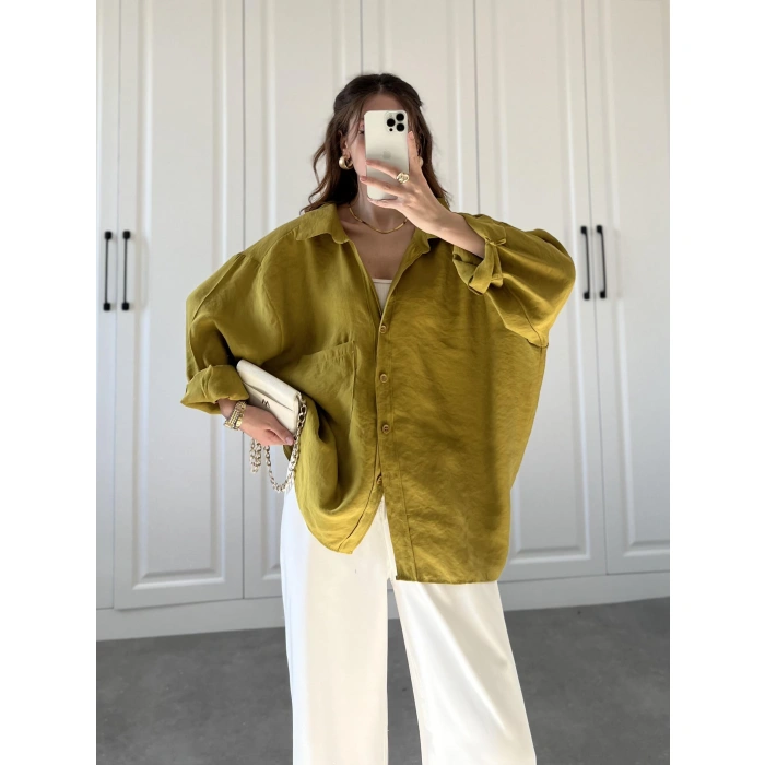 Yağ Yeşili Oversize Tensel Gömlek